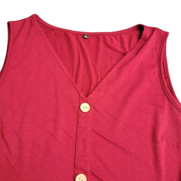 Soft Tiered Burgundy Sleeveless Button Down Dress with Pockets on Sale 5 for $25 - Picture 5 of 7